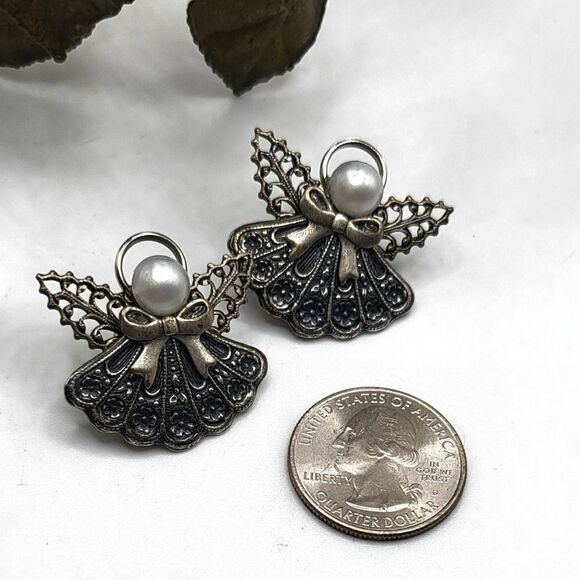 "5/$25" Silvertone Faux Pearl Angel Post Earrings - Picture 2 of 5